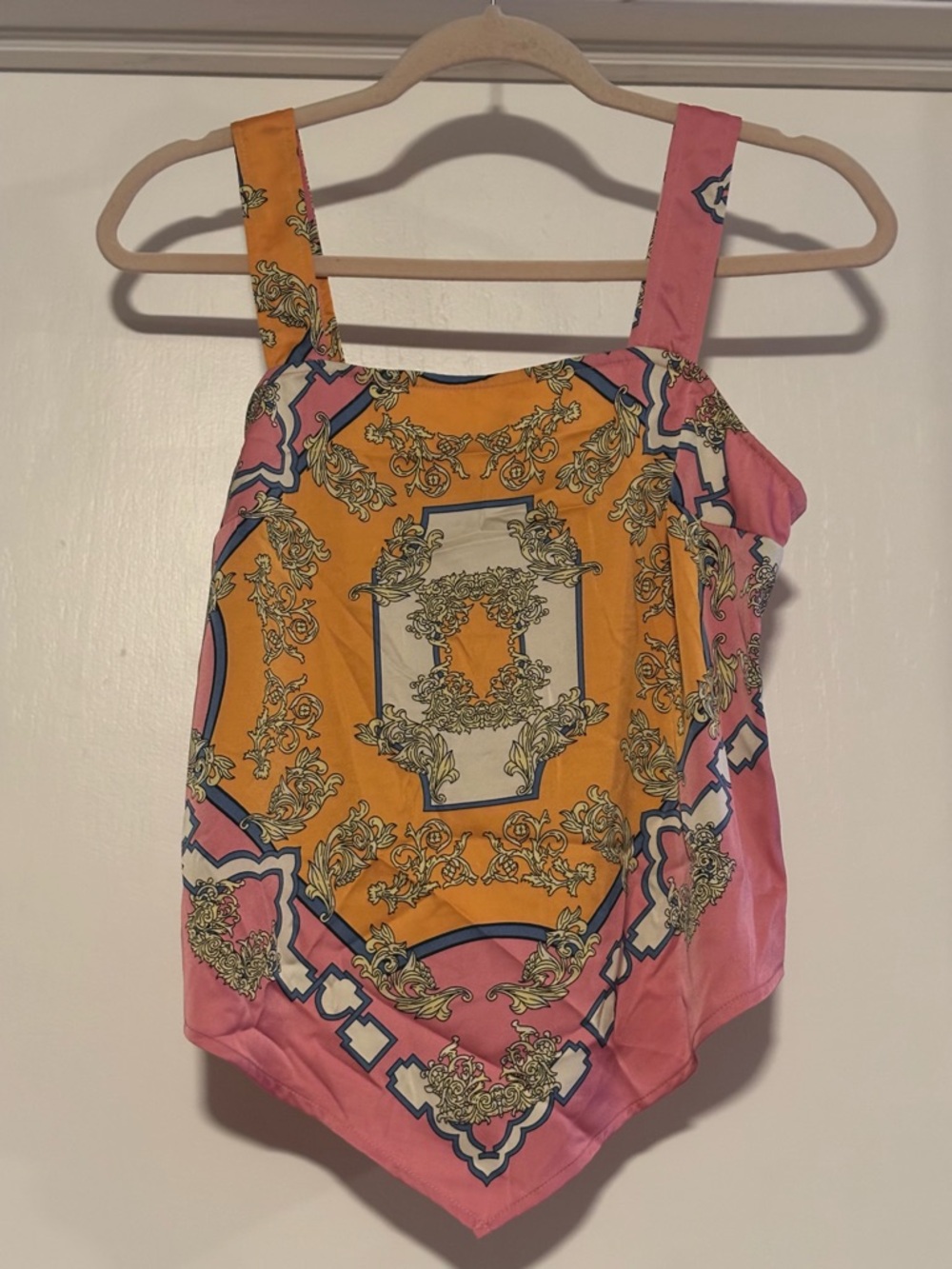 Rachel Zoe Orange and Pink Scarf-Print Handkerchief Hem Tank
